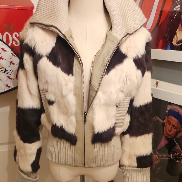 XOXO Women's Brown and Cream Patchwork Rabbit Fur And Leather Bomber Jacket - Picture 6 of 10